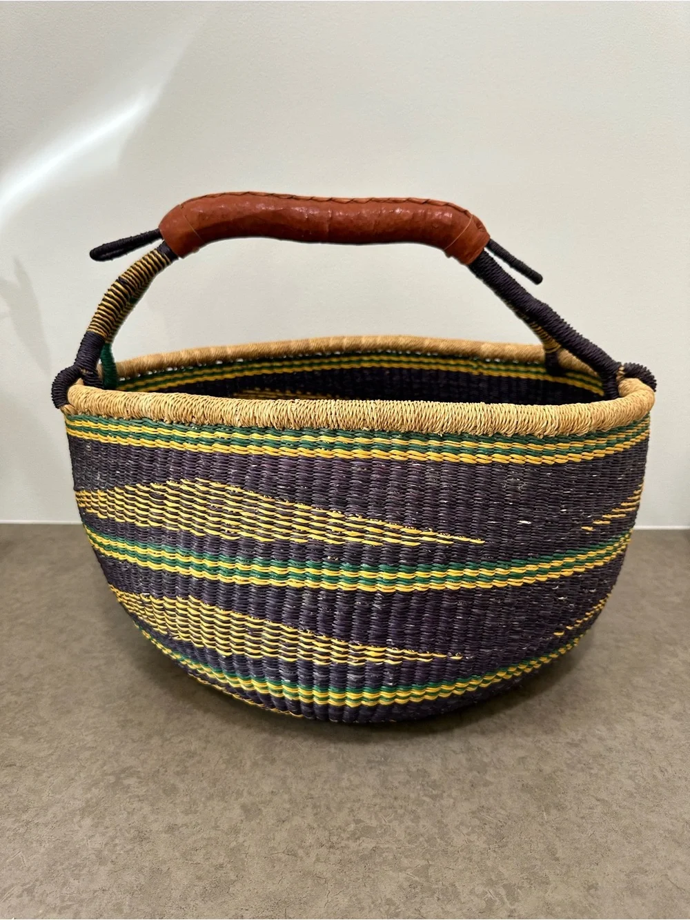Large Bolga Basket Woven Striped Storage Basket Leather Handle Multicolor Ghana